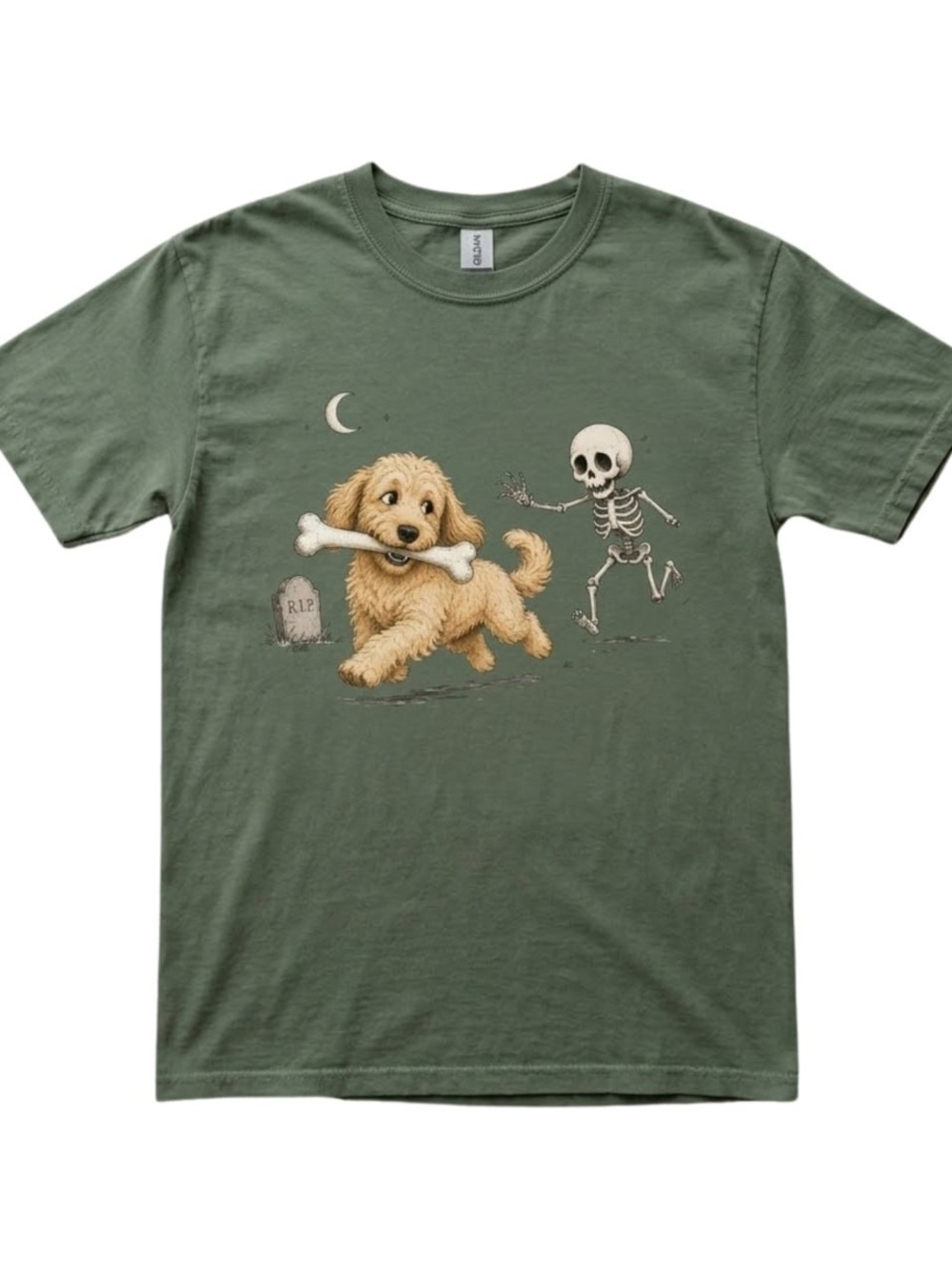 Gildan Olive Green Puppy with Bone and Skeleton Graphic Tee